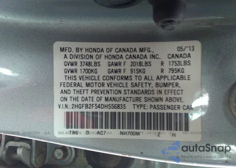2013 Honda Civic Lx from USA, damaged, VIN 2HGFB2F54DH556835